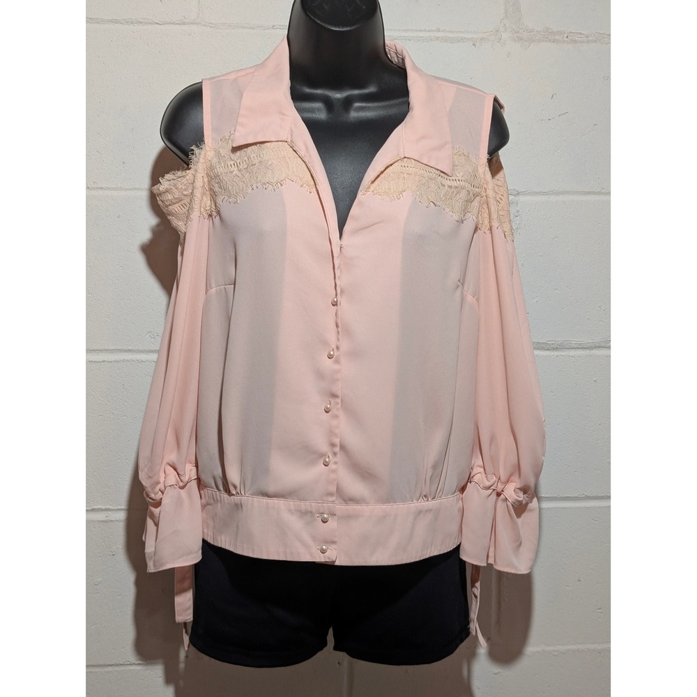 Wildflower Cold Shoulder Lace Trim Blouse Pink Button Up Shirt Top Medium